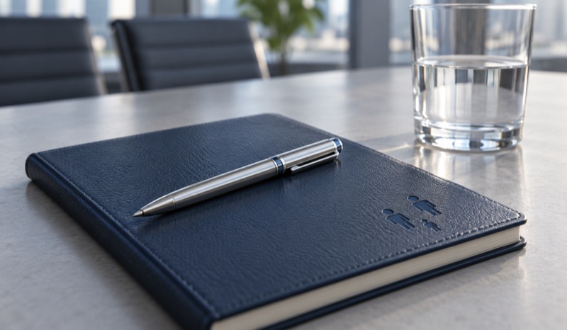 A notebook and pen on a boardroom table