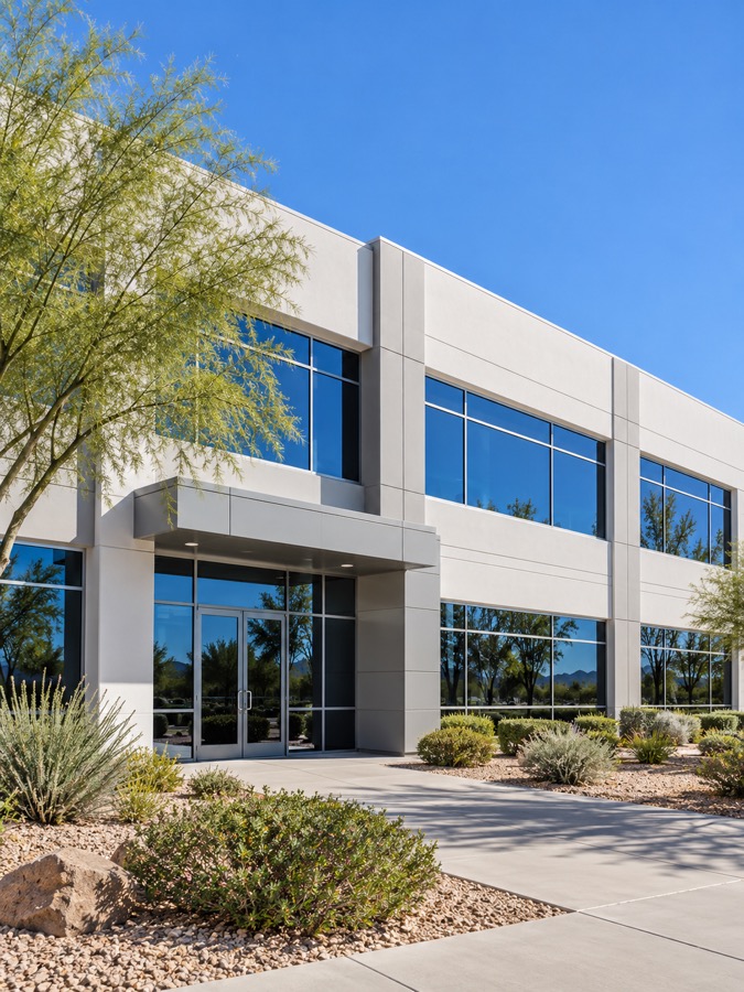 Illustrative modern office exterior with desert landscaping