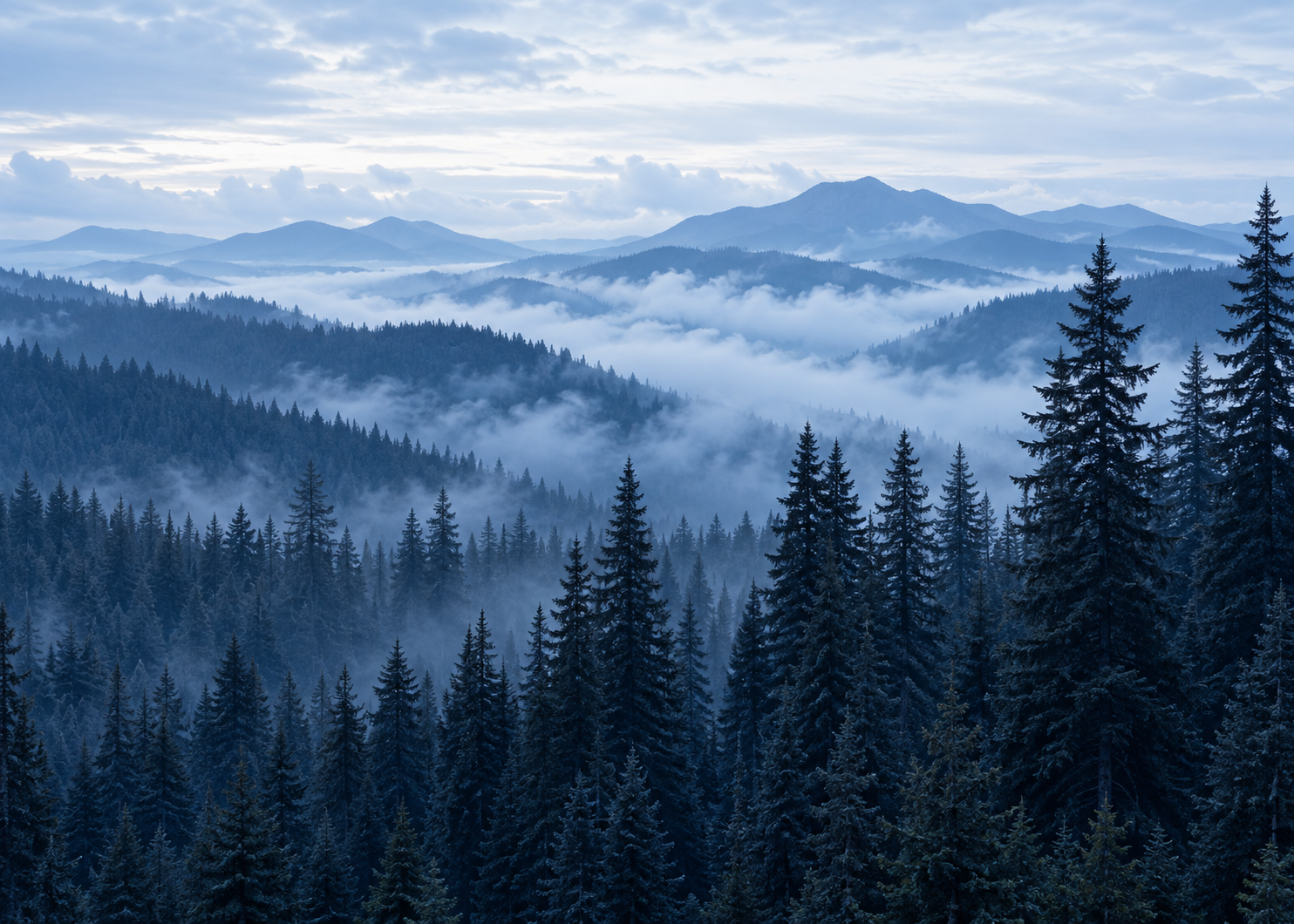 Mist rising through a thriving evergreen forest