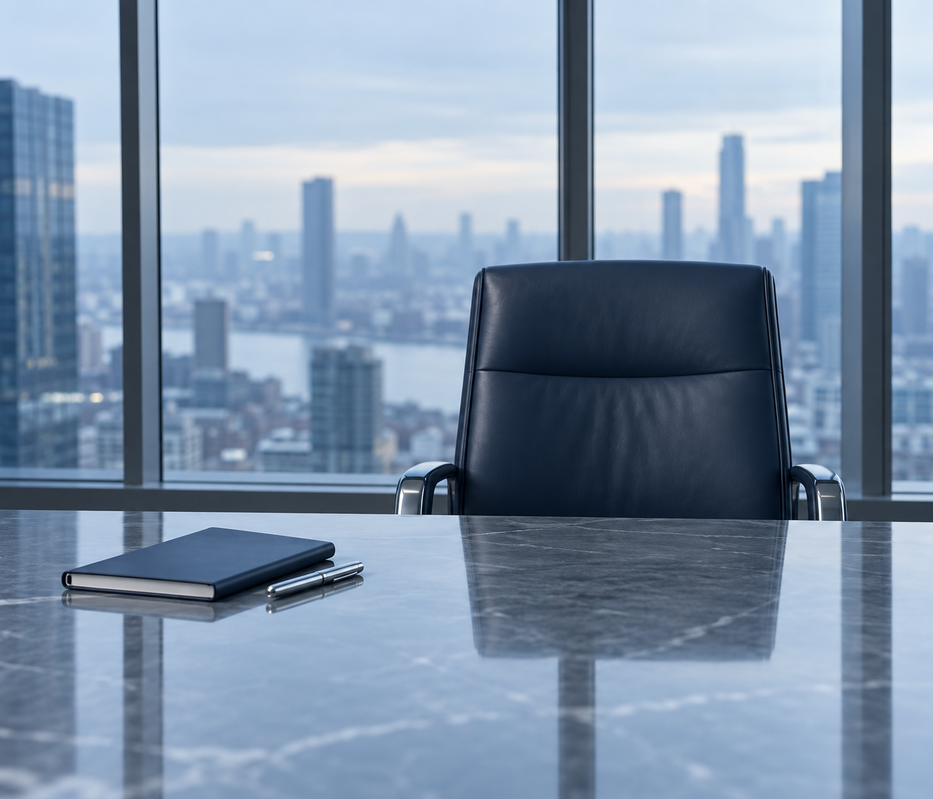 A quiet boardroom prepared for an executive interview