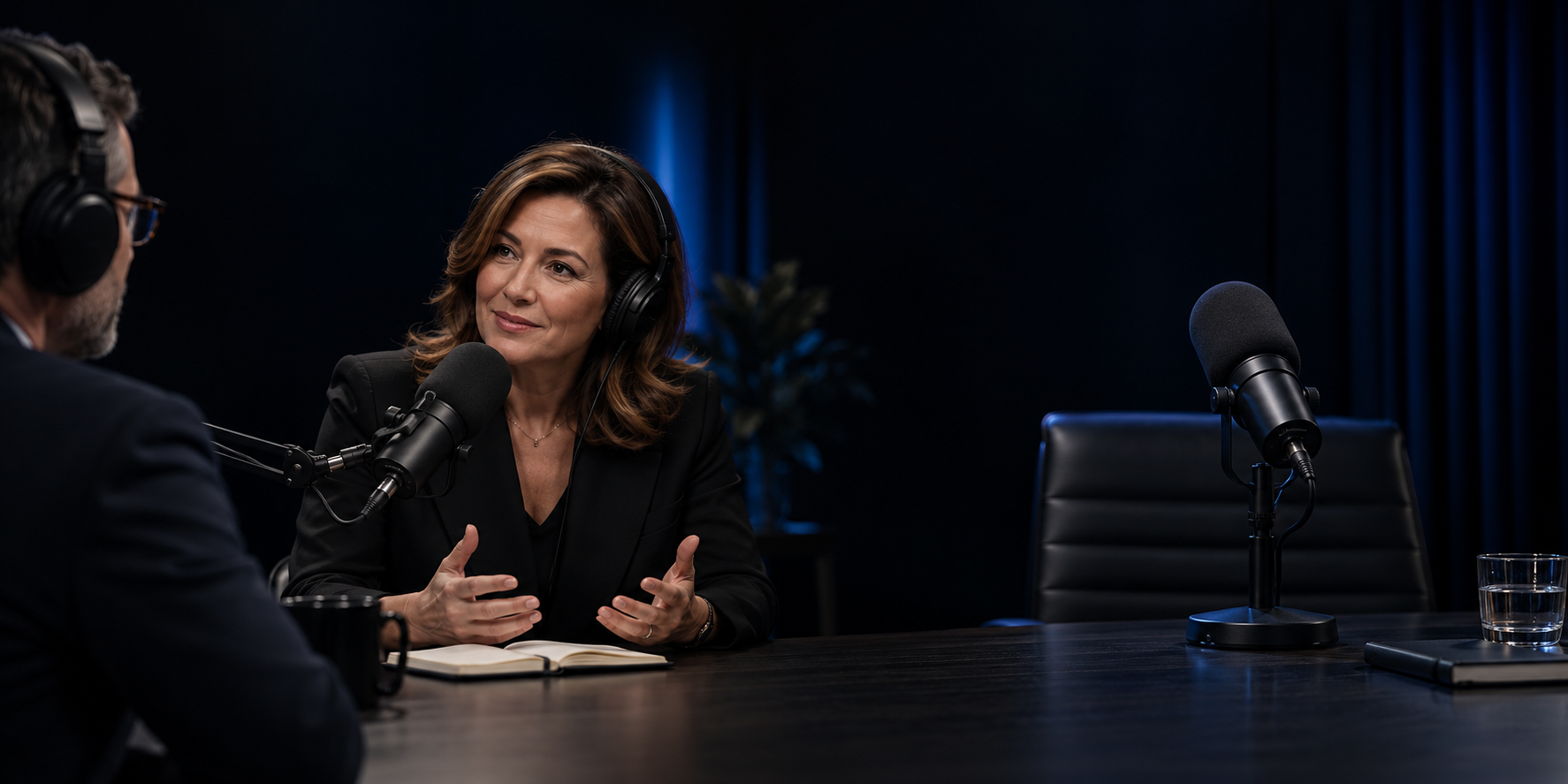A woman sharing insights in a podcast studio