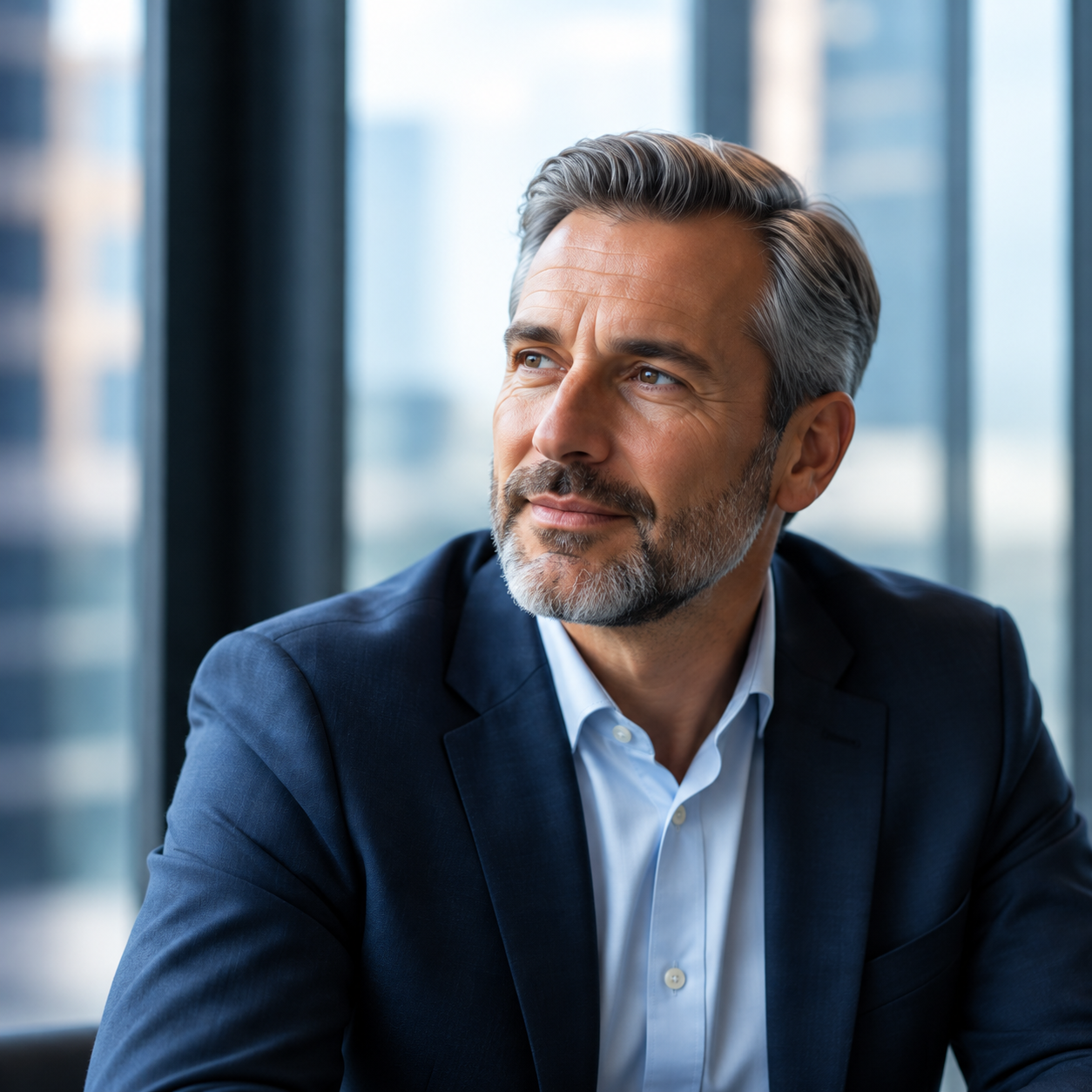 Illustrative photograph of an executive seated beside office windows